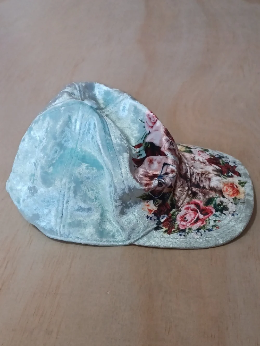 Justice Girls Crushed Velvet Hipster Kitten Baseball Cap Mint Green Cats Roses
